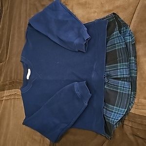 Blue sweater with plaid under shirt attached
